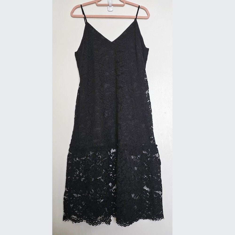 NWT! Gold Hawk Flounce Hem Lace Midi Slip A-Line Dress, M, Black